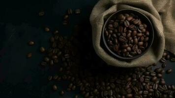 Beat see of Holder of coffee and coffee beans in a plunder on dim establishment. video