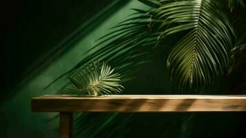 Cleanse wooden table counter with tropical palm tree in dappled sunshine. video