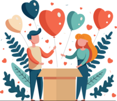 Vector Cartoon Young Couple Standing With Heart Balloons Coming Out Of Box, Leaves. png