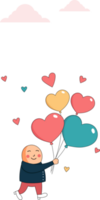 Walking Cute Boy With Heart Shapes Balloons With Clouds And Copy Space.  Love Or Valentine Concept. png
