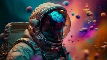 Overwhelming depict of an space pioneer in a colorful bubbles universe on a unmistakable planet. video