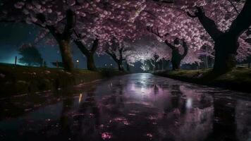 Purple cherry trees make after rain at night. video