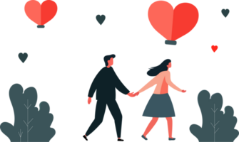 Walking Young Man And Woman Holding Hands With Flying Heart Shapes, Leaves And Copy Space. Love Concept. png