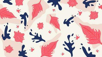 Pink leaves pattern with blue abstract paint stain seamless background. vector