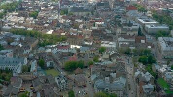 View from the height on Lviv, Ukraine, old and new buildings mixed on the city streets video