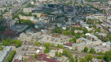 View from the height on Lviv, Ukraine, old and new buildings mixed on the city streets video