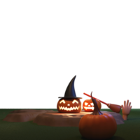 3d tolkning av upplyst jack-o-lyktor med kvast, zombie hand på bakgrund och kopia Plats. png