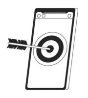 Target audience in mobile marketing bw concept vector spot illustration. Target arrow in smartphone 2D cartoon flat line monochromatic object for web UI design. Editable isolated outline hero image