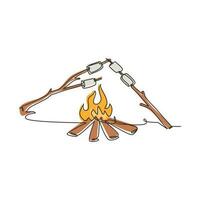 Single continuous line drawing roasting marshmallow on bonfire at night. Campfire and stick branches with roasted marshmallows. Fun summer camping activity. One line draw design vector illustration