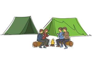 Single continuous line drawing happy two pair man and woman getting warm near campfire. Group of people camping drinking tea sitting on logs in forest. One line draw graphic design vector illustration