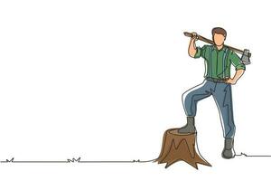 dibujo de una sola línea leñador sonriente con camisa, jeans y botas. sosteniendo en su hombro un hacha posando con un pie en el tocón de un árbol. ilustración de vector gráfico de diseño de dibujo de línea continua