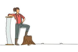 dibujo continuo de una línea hermosa mujer leñadora con camisa de suspensión, de pie con una gran sierra de acero, posando con un pie en un tocón de árbol. ilustración gráfica de vector de diseño de dibujo de una sola línea