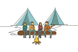 Single one line drawing two couple hikers sitting on log of wood near campfire in forest. People drinking hot tea and man playing guitar. Camping gear and backpack. Continuous line draw design vector