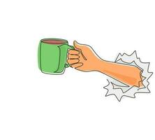 Single continuous line drawing hand holding mug of coffee through torn white paper. Have break and refreshing drink. Energizing drink to wake up at morning. One line draw design vector illustration