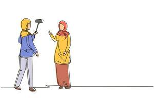 Continuous one line drawing professional shooting team record video interview for vlog with smartphone, monopod stick. Arab woman journalist as news anchor. Single line draw design vector illustration