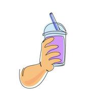 Continuous one line drawing hand holding plastic cup of famous Taiwanese bubble tea. Brown sugar flavor tapioca pearl bubble milk tea with glass straw. Single line draw design vector illustration