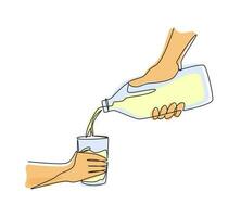dibujo continuo de una línea la mano de la mujer vierte leche fresca de una botella de vidrio en un vaso. el concepto de productos lácteos saludables con calcio. rutina de la mañana. ilustración de vector de diseño de dibujo de una sola línea
