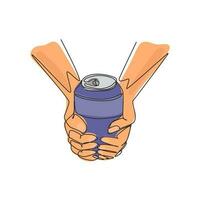 Single continuous line drawing hands holding a metallic can with a drink. Aluminum canned drink without labels. Beverages in metal containers. Dynamic one line draw graphic design vector illustration