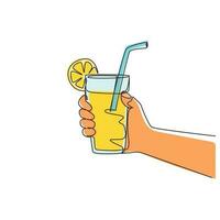 Single continuous line drawing lemonade served with ice cubes, hand holding refreshing beverage glass. Drink made of fresh lemon juice. Juicy water with straw. One line draw graphic design vector