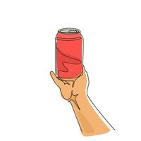 Single continuous line drawing hand holds a wet aluminum can. Realistic soda cans without labels on white background. Mock up template concept. Dynamic one line draw graphic design vector illustration