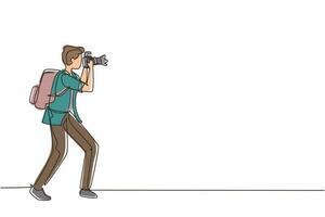 Continuous one line drawing photographer or paparazzi taking photo with modern digital cameras from all angles. Journalists or reporters with backpack making pictures. Single line draw design vector