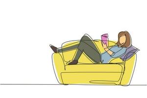 Single one line drawing young woman laying on sofa and reading book at home. Female reading book. Self education, distance studying, relaxing concept. Continuous line draw design vector illustration