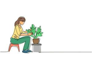Single continuous line drawing young woman sitting and planting gardens flowers, agriculture gardener hobby and garden job. Gardening person, gardener flowers. One line draw design vector illustration