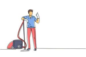 Single continuous line drawing worker of cleaning service. Man dressed in uniform with vacuum cleaner. Washing and cleaning service. Disinfection and cleaning. One line draw design vector illustration