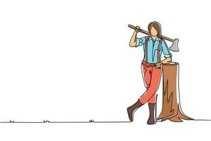 Single continuous line drawing woman lumberjack lean on wood log. Wearing shirt, jeans and boots. Holding on her shoulder a ax. Female lumberjack pose on logging forest. One line draw design vector