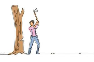 Single one line drawing female lumberjack with an ax chopping wood. Woodcutter chopping tree with axe. Wearing shirt, jeans, boots. Woman with ax in her hands cut tree. Continuous line design vector