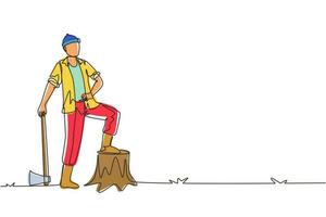 Single continuous line drawing lumberjack wearing plaid shirt, jeans, boots  and beanie hat. Standing with ax and posing with one foot on a tree stump. One line draw graphic design vector illustration