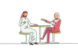 Continuous one line drawing TV presenter Arabian woman interviewing celebrity men in television studio shooting interview. Show host, Muslim guest talking. Single line draw design vector illustration