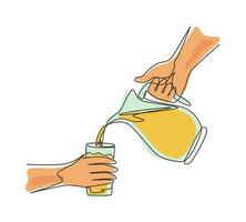 Continuous one line drawing hand pouring orange juice from jug with ice into glass. Splashing and pouring fresh orange juice in glass from pitcher. Single line draw design vector graphic illustration