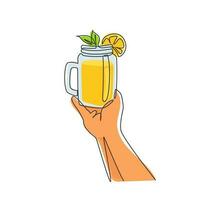 Continuous one line drawing freshly squeezed lemon-orange juice with ice with mint leaves in female hands. Woman holding vintage mug with citrus cool lemonade drink. Single line draw design vector