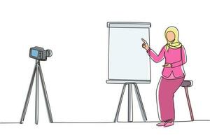 Single continuous line drawing Arabian woman giving presentation to camera doing webinar. Blogging, online training and conferences concept. Camera on tripod. One line draw design vector illustration