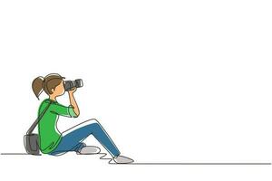 Single one line drawing woman photographer of paparazzi taking photo with modern digital camera with angles. Journalist or reporter making pictures. Continuous line draw design vector illustration