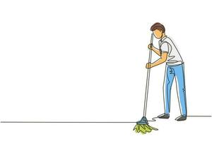 Single one line drawing young man mopping floor and cleanup indoors. Home clean, housework service or housekeeping workers and janitor. Modern continuous line draw design graphic vector illustration