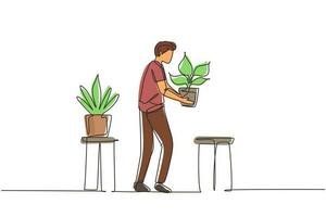 un solo dibujo de línea continua macho pone plantas verdes en el jardín de la casa de invernadero. hombre florista jardinero trabajando, cultivando plantas de flores en macetas, botánico. ilustración de vector de diseño de dibujo de una línea