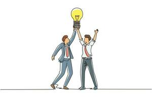 Single continuous line drawing goal achievement, winning, teamwork, business. Team businessman holding light bulb. Successful trouble solution idea creation. One line draw design vector illustration