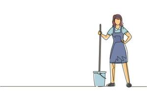 Single one line drawing woman with buckets and mops. Cleaning service. Female dressed in uniform with cleaning equipment. Professional cleaning staff. Continuous line draw design vector illustration
