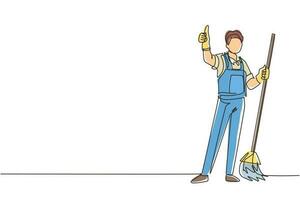dibujo de una sola línea continua miembro del personal de la empresa de limpieza masculino sonriente que sostiene la escoba y muestra el gesto del pulgar hacia arriba. feliz limpieza. logotipo de la empresa de limpieza. ilustración de vector de diseño de dibujo de una línea