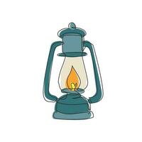 Single continuous line drawing vintage camping lantern on white background. Retro gas lamp with glowing fire wick. Handle gas lamps for tourist hiking. One line draw graphic design vector illustration