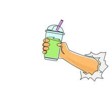 Continuous one line drawing hand holding plastic cup of famous Taiwanese bubble tea through torn white paper. Take away glass with pearl milk tea. Single line draw design vector graphic illustration