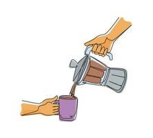 dibujo continuo de una línea barista vierte espresso de moka pot. cafetera moka para hacer espresso a mano. café en vendimia. concepto de moka de café barista. ilustración de vector de diseño de dibujo de una sola línea