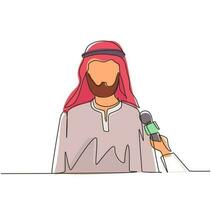 Single continuous line drawing Arab businessman giving interview in presence of journalists with microphones. Man gives comments, opinions for breaking news. One line draw design vector illustration