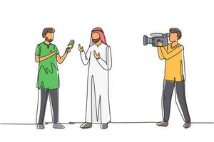 Single continuous line drawing Arab journalists take interview. TV host or reporter, cameraman questioning Arabian man. Broadcasting reportage with cameraman. One line draw design vector illustration