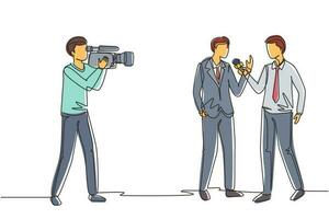 Single one line drawing journalists take interview. TV host or reporter and cameraman questioning man. Broadcasting reportage with cameraman. Continuous line draw design graphic vector illustration