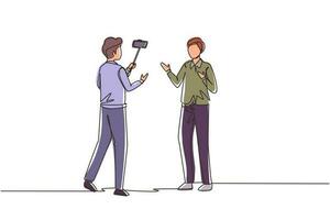 Single continuous line drawing presenter filming video blog with an operator on the street. Man bloggers, journalists filming with professional smartphone and videographer. One line draw design vector