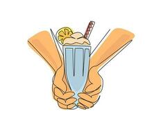 Single continuous line drawing hands hold glass of tasty milkshake drink with whipped cream. Sweet beverage with a straw and slice of orange. Dynamic one line draw graphic design vector illustration