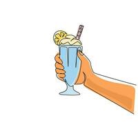 Continuous one line drawing hand holds glass milkshake with whipped cream. Cold soft drink for summer. Sweet beverage. Tasty and yummy fast food. Single line draw design vector graphic illustration